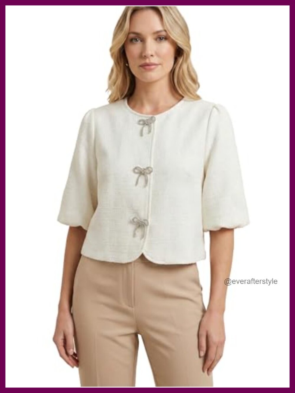Textured Puff Sleeve Cropped Blazer Rhinestone Bow Office Jacket
